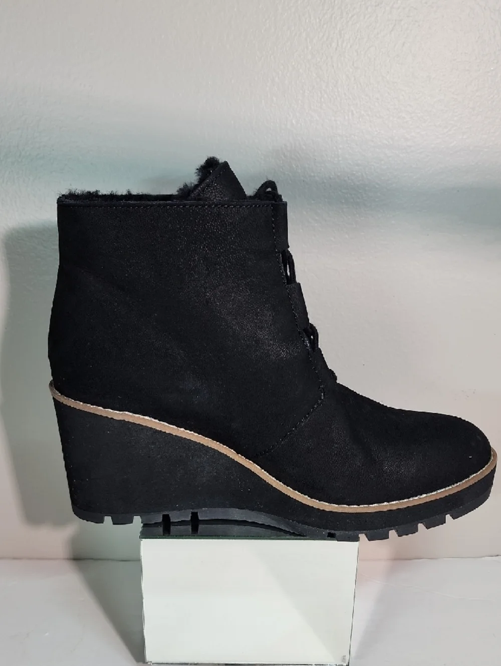 Eileen Fisher Black Lace-Up Wedge Ankle Boot with Contrast Trim